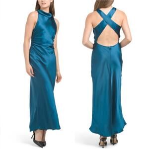 Small NEW House of Harlow teal cross back satin high neck sleeveless maxi d…